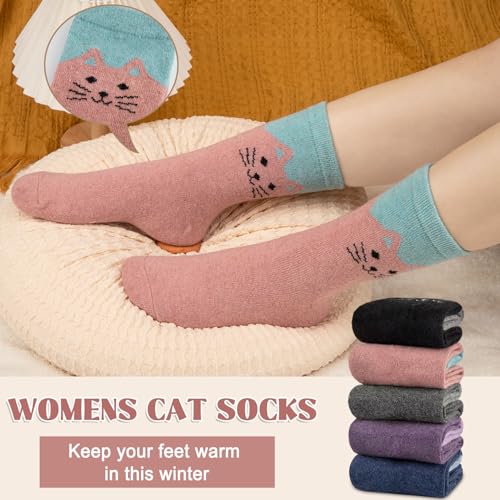 Wool Socks for Women - Cute Cat Crew Socks, 5 Pairs - One Size in Pink, Black, Blue, Grey, Purple