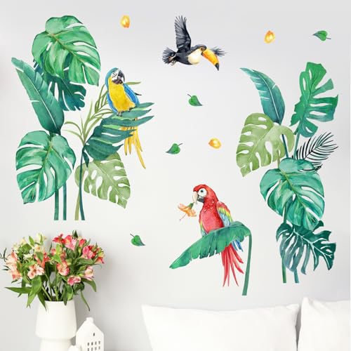 Yovkky Tropical Plant Birds Wall Decals Stickers,Hawaii Palm Leaves Monstera Parrot Toucan Toddlers Baby Nursery Decor,Aloha Greenery Hibiscus Flower Home Decorations Kids Bedroom Playroom Art