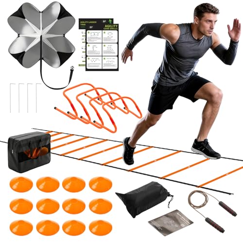 Agility Training Equipment Set - 20ft Ladder, Hurdles, Cones, Parachute & Jump Rope - Classic Orange