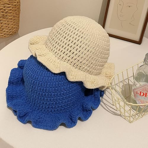 Women Crochet Bucket Hat Handmade Knit Boho Floppy Cap - White, 7-7 1/4