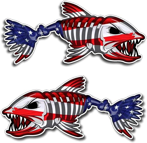 Patriotic US Flag Skeleton Fish Stickers - 2 pcs, 6in
