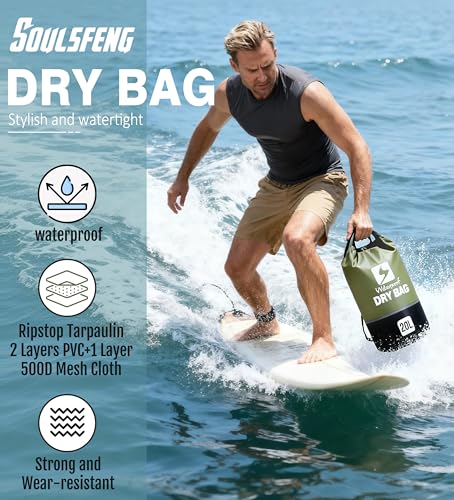 Soulsfeng Green 10L Waterproof Roll-Top Dry Backpack for Boating, Kayaking, Beach & Travel