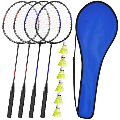 Badminton Racket Set for Adults & Kids - 4 Rackets, 6 Shuttlecocks, Carry Bag - Black, Red, Blue