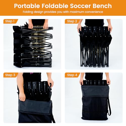Folding Soccer Bench - 6 Seat Portable Team Bench with Backrest - Black
