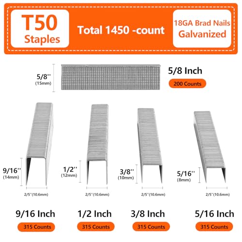 Heavy Duty T50 Staples 1450-Count 5 Sizes Includes: 5/16",3/8",1/2",9/16" Staples+5/8" Brad Nails, 20 Gauge Galvanized Assorted Size Project Pack