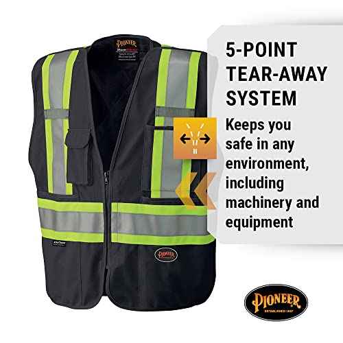 Pioneer Hi Vis Tear-Away Mesh Back Safety Vest for Me - Reflective Tape, 4 Pockets - Construction, Traffic, Security - Black