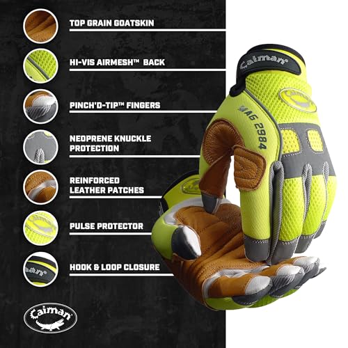 Caiman MAG, Multi-Activity Glove with Goat Grain Leather Patch Palm, Hi-Vis AirMesh Back, Pinch'd-Tip Fingers, Neoprene Knuckle, Hi-Vis Yellow/Gold, Medium (2984-4)