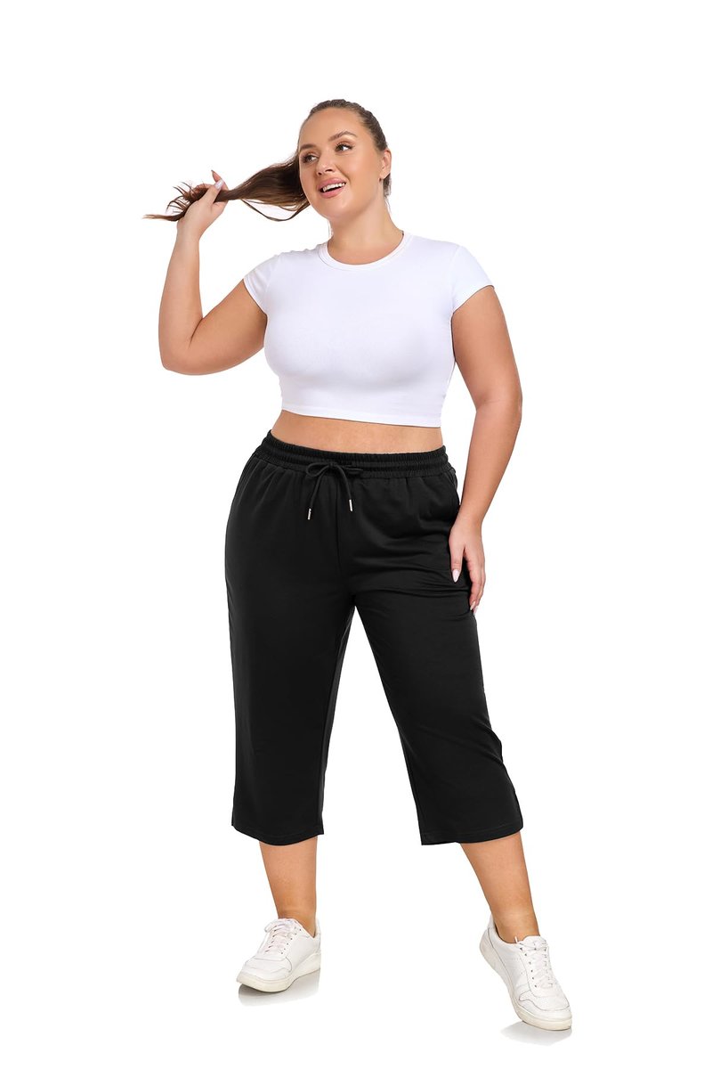 ForHailey Plus Size Capri Pants for Women Wide Leg Loose Yoga Pants with Pockets Casual Drawstring Activewear Sweatpants Black XX-Large