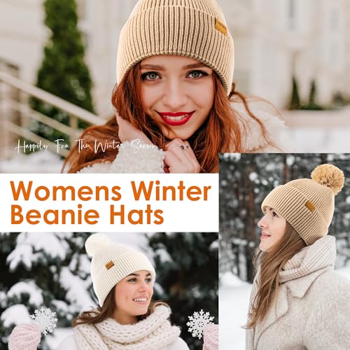 Womens Fleece-Lined Winter Beanie Hat with Pom Pom - Beige