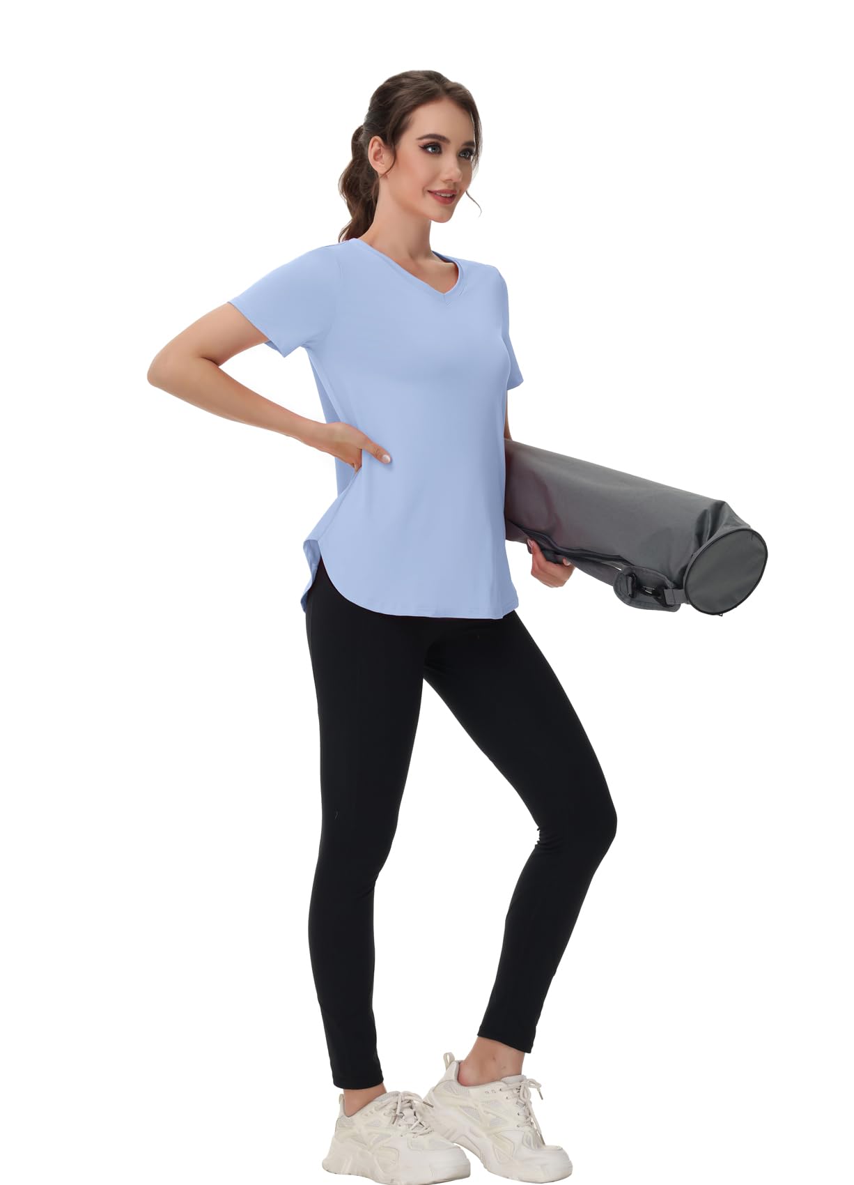 Kaleforneo Workout Tops for Women Short Sleeve T Shirts Moisture Wicking Yoga Gym Running Hiking V Neck Athletic Tee Blue L