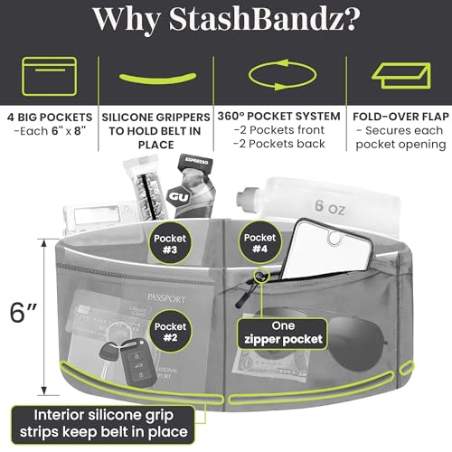 Running Belt with 4 Pockets - No-Bounce Fanny Pack - Black, Small