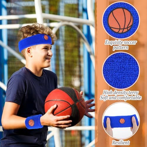 Sports Sweatbands Set for Kids - 2 Headbands & 4 Wristbands - Red & Blue