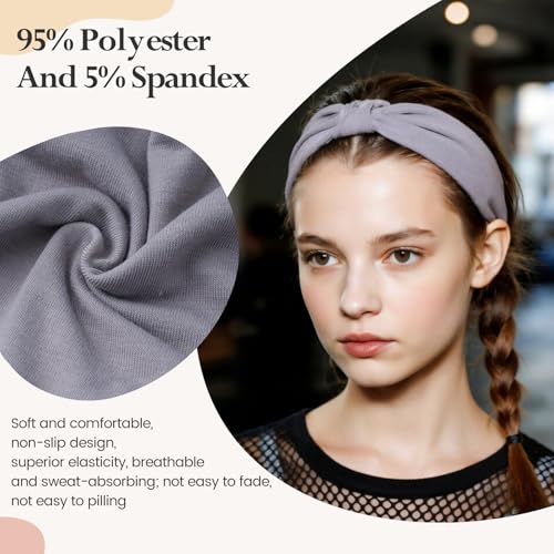 HSEM 6-Pack Wide Non-Slip Elastic Headbands for Women - Grey, Navy, Brown, White, Pink, Black