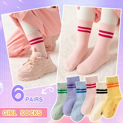 Eyean Girls Athletic Crew Socks 6 Pairs for Kids 9-13 Years Striped D