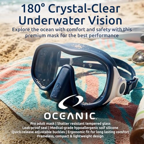 Oceanic Navy Frameless Adult Snorkel Mask with Tempered Glass & Quick-Release Buckles