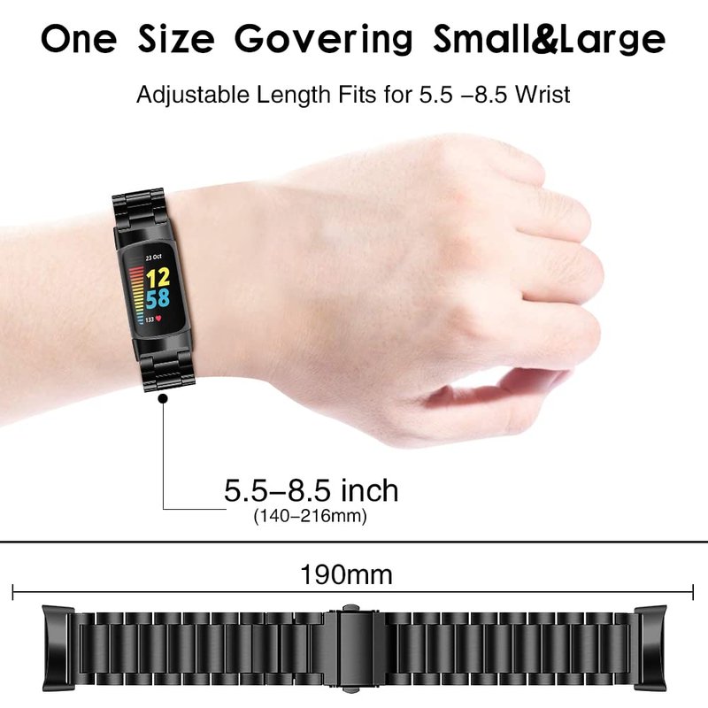 TenCloud Bands Compatible with Fitbit Charge 6/Charge 5 Activity Tracker Solid Stainless Steel Women Men Wristband Metal Watch Link Band for Charge 6 (Black)