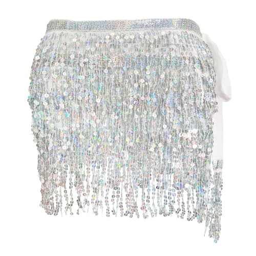 Sequin Tassel Skirt Women's Belly Dance Hip Scarf - Silver