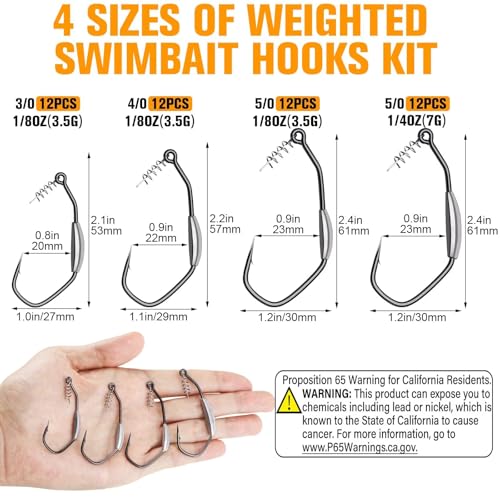 Weighted Swimbait Hooks 3/0 & 4/0 - 12PCS Saltwater & Freshwater Fishing Hooks
