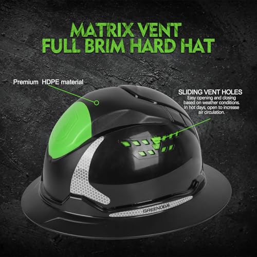 GREEN DEVIL Matrix Full Brim Hard Hat with Headlight Vented Construction Safety Helmet OSHA Approved Cascos De Construccion Work Hardhat for Men&Women