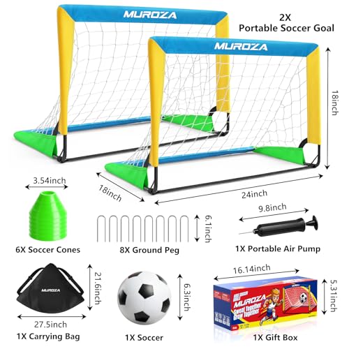 Kids Soccer Goal Set with 2 Goals, Ball, Pump, Cones & Stakes - Blue, Yellow, Green