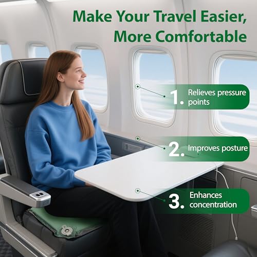 Inflatable Travel Seat Cushion - Self-Inflating Memory Foam Pad - Green