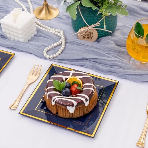 Blue and Gold 6-Inch Square Disposable Dessert Plates with Forks - 100 pcs - Wedding & Party