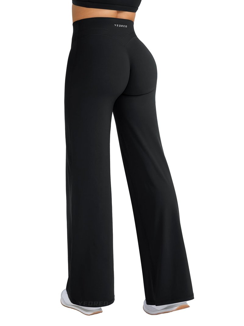 YEOREO Straight Leg Workout Leggings Hidden Scrunch High Waist Gym Pants No Front Seam Wide Leg Yoga Pants Black M