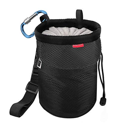 Rhino Valley Black Chalk Bag with Drawstring, Belt Clip & Zipper Pocket – No Leak, Climbing & CrossFit