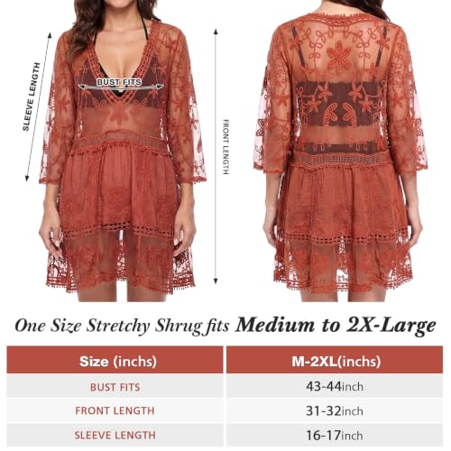 Cuffbow Rust Red Boho Lace V-Neck Beach Cover-Up for Women - Swim Dress