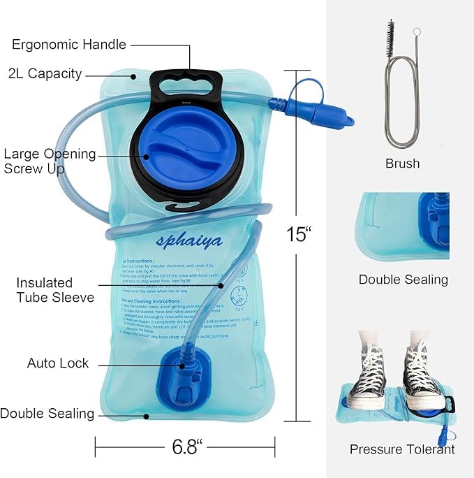 2L Blue Hydration Bladder with Cleaning Brush - Leak Proof Water Reservoir for Hiking & Camping