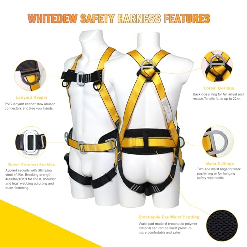 Safety Harness Fall Protection Kit with Shock Absorbing Lanyard, Roofing Work Harnesses Full Body Safety Harness for Construction (Yellow)