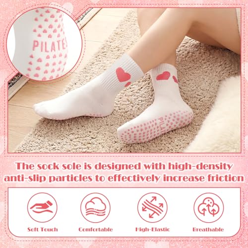 Non-Slip Pilates Grip Socks - Crew Length Cotton Stripe Bow - 6 Pairs