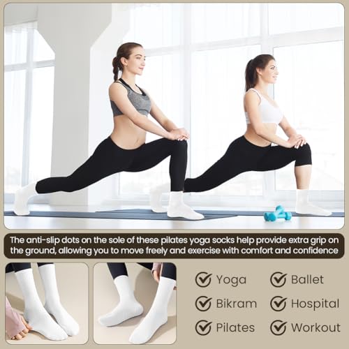 Yoga Socks for Women - Non-Slip Cotton Mid Calf - 4 Pairs White