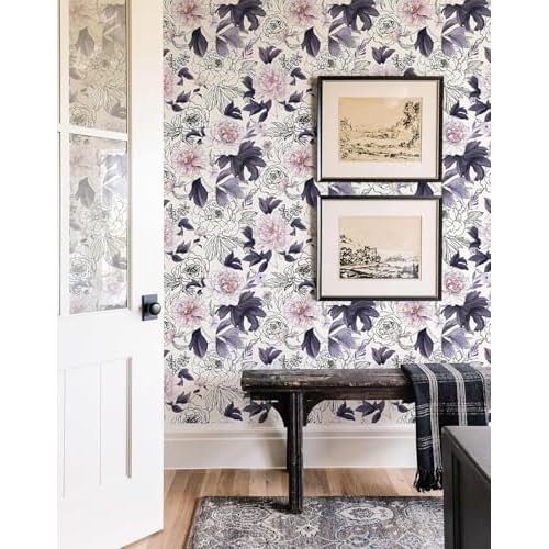 GeRRiT 17.32"x118" Purple Peel and Stick Wallpaper Watercolor Floral Wall Paper Self-Adhesive Contact Paper for Bedroom Bathroom