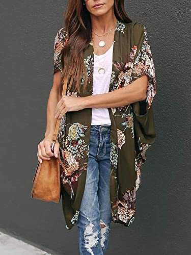Floral Kimono Duster Cardigan - Short Sleeve Beach Cover Up - Army Green, Small