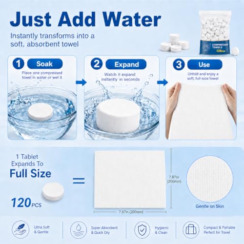 120PCS Compressed Towel Tablets - Disposable Travel Face Towels
