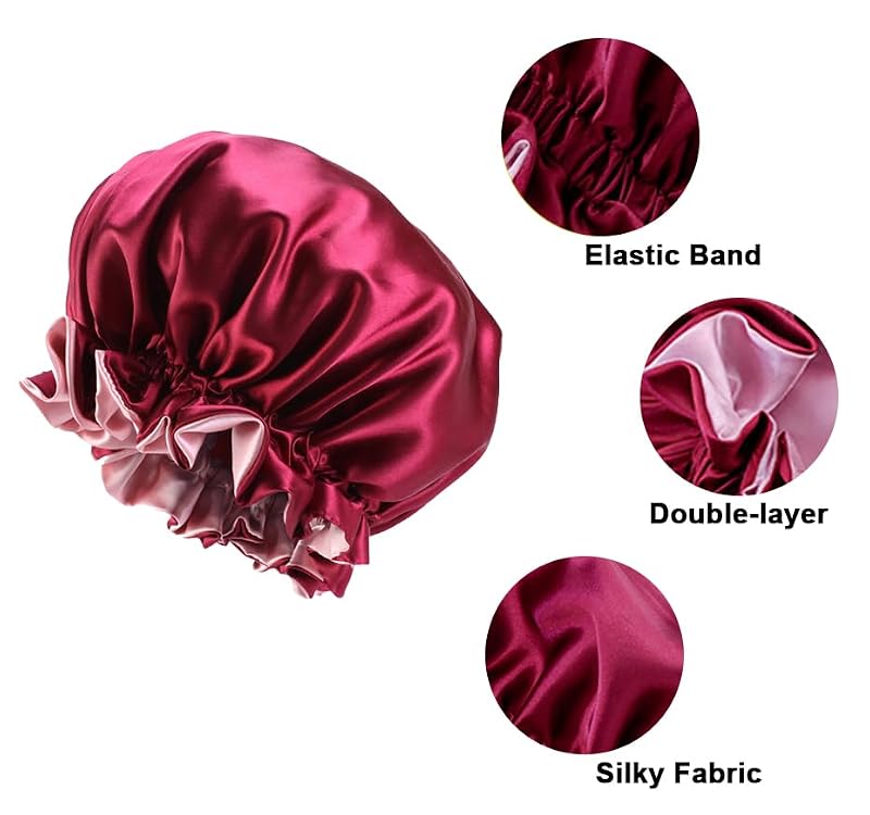 Double Layer Satin Sleep Bonnet with Wide Elastic Band - Red
