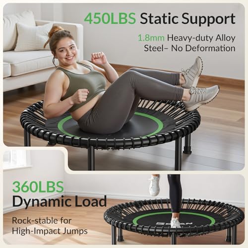 Mini Rebounder Trampoline for Adults - 40" Green - Foldable Bungee Fitness