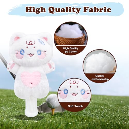 Funny Lucky White Cat Golf Headcover, Small Size Fits Hybird and Irons, Large Size Fits Standard 460cc Driver Head，Animals Plush Golf Club Head Covers