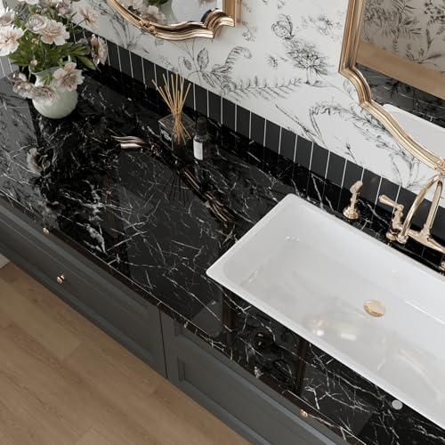 CRE8TIVE Black Marble Contact Paper for Countertops Waterproof Glossy Marble Wallpaper Peel and Stick Countertops Self Adhesive Removable Marble Vinyl Roll for Cabinets Table Tops Shelf Liner 12"x80"