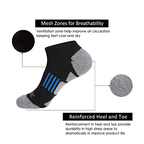 JOYNÉE Men's 6 Pack Black Performance No Show Athletic Cushioned Running Socks