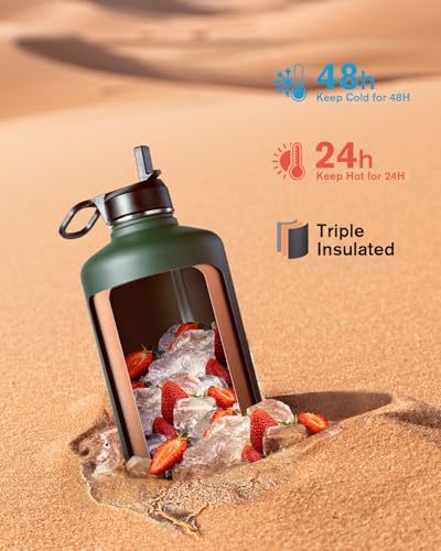 Coolflask 64oz Dark Green Insulated Half Gallon Water Bottle with Straw & Leakproof Lids