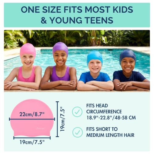 Kids Silicone Swim Cap - Non-Slip, Soft Stretch, Ear Seal - Light Blue
