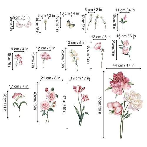 wondever Pink Peony Rose Floral Wall Stickers Garden Flower Peel and Stick Wall Art Decals for Bedroom Living Room TV Wall