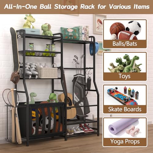 Heavy Duty Sports Equipment Organizer with Storage Bins & Hooks