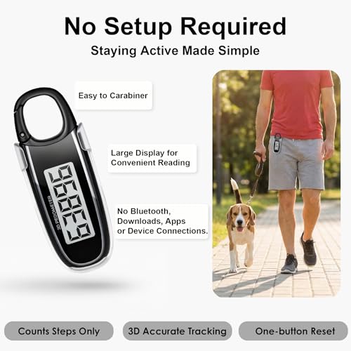 3D Pedometer Step Counter with Clip & Carabiner - Black