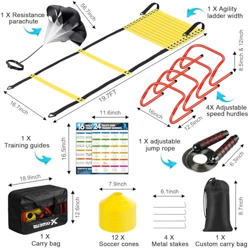 20ft Agility Ladder Training Set with Hurdles, Cones & Parachute