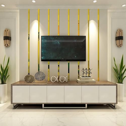 10 Pcs Gold Mirror Wall Stickers Striped Design Mirror Art Tile Decal DIY Self Adhesive Wall Line Border Decals Removable Acrylic Mirror Sheets Wall and Murals for Home Decor (5 * 20cm)