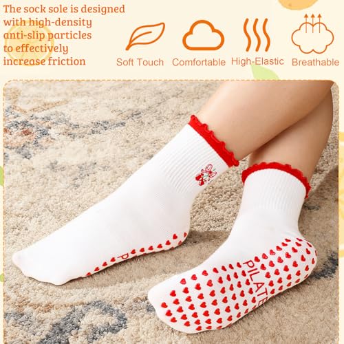 Ruffle Pilates Grip Socks for Women - Cotton Embroidery - 5 Pairs, Medium