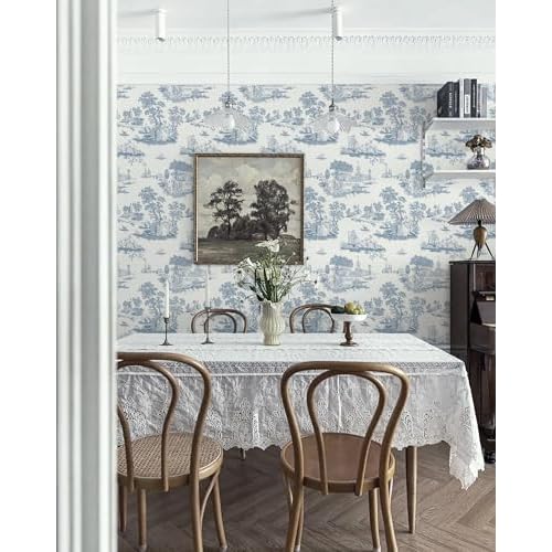 HeloHo Peel and Stick Wallpaper Blue and White Toile Contact Paper Vintage French Wall Paper Removable Self Adhesive Stick on Wallpaper for Bedroom Bathroom 17.3" X 78.7"